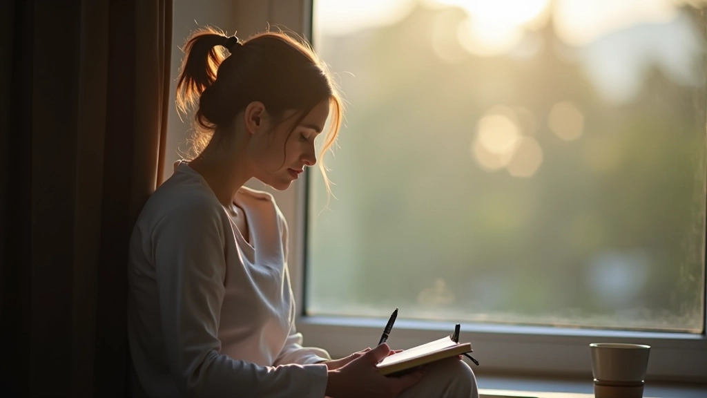 Osoba sedí u okna s notesem a psacím perem, přemýšlí